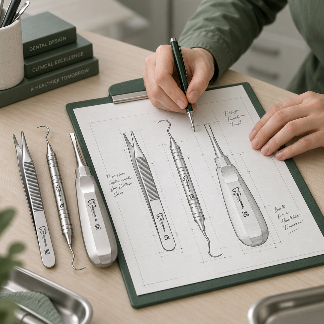 InstruDental precision dental instruments with hand-drawn design sketch