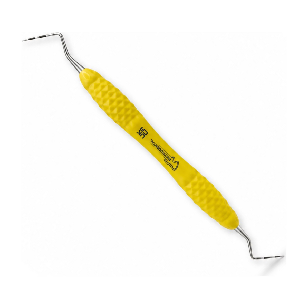 A yellow textured dental hand instrument with two curved stainless steel tips, shown diagonally on a plain white background.