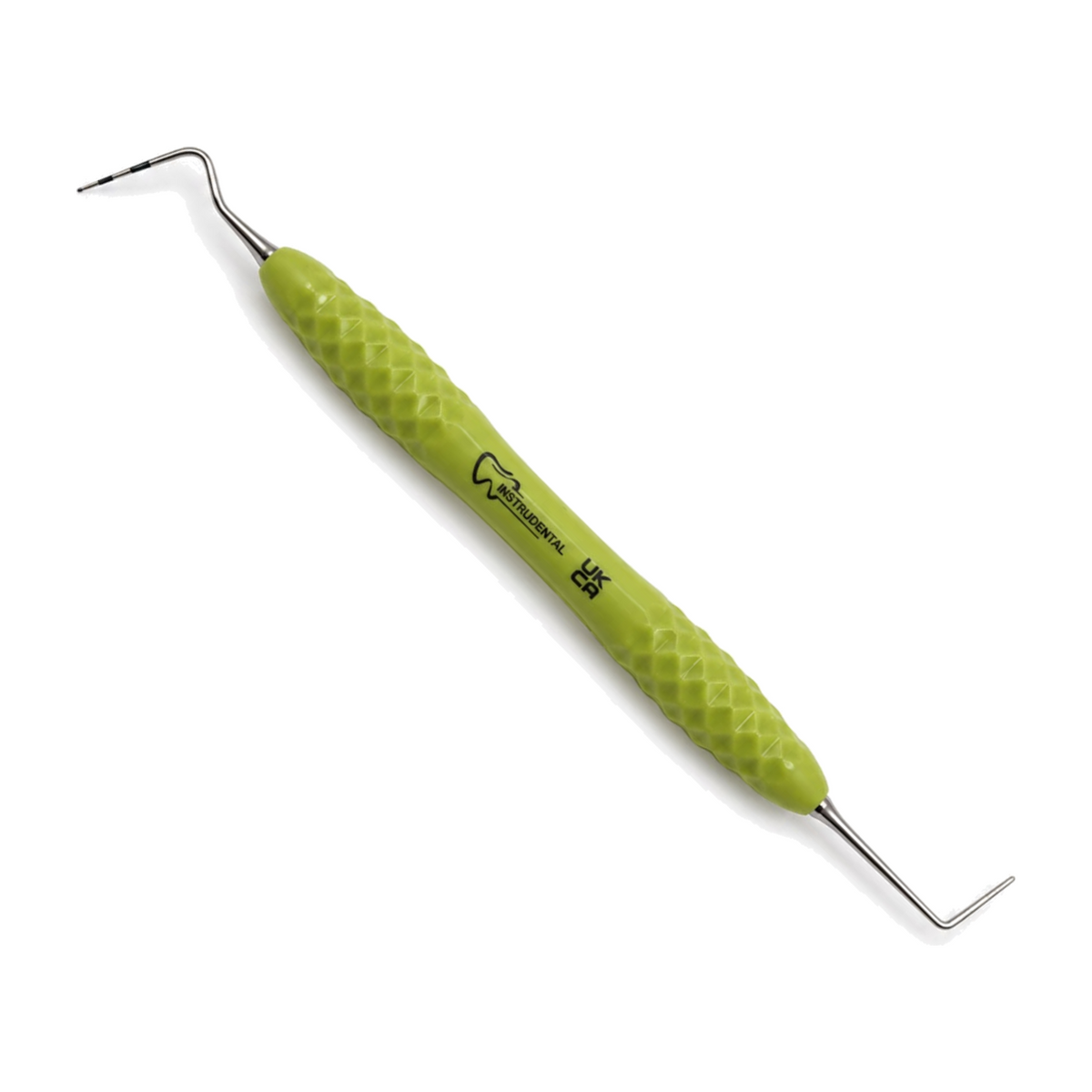 A dental explorer tool with a textured lime green handle and silver metal tips, shown diagonally on a white background.