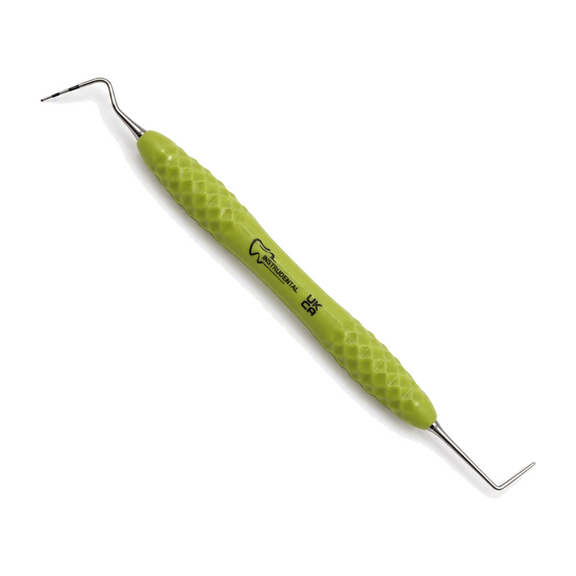 A dental explorer tool with a textured lime green handle and silver metal tips, shown diagonally on a white background.