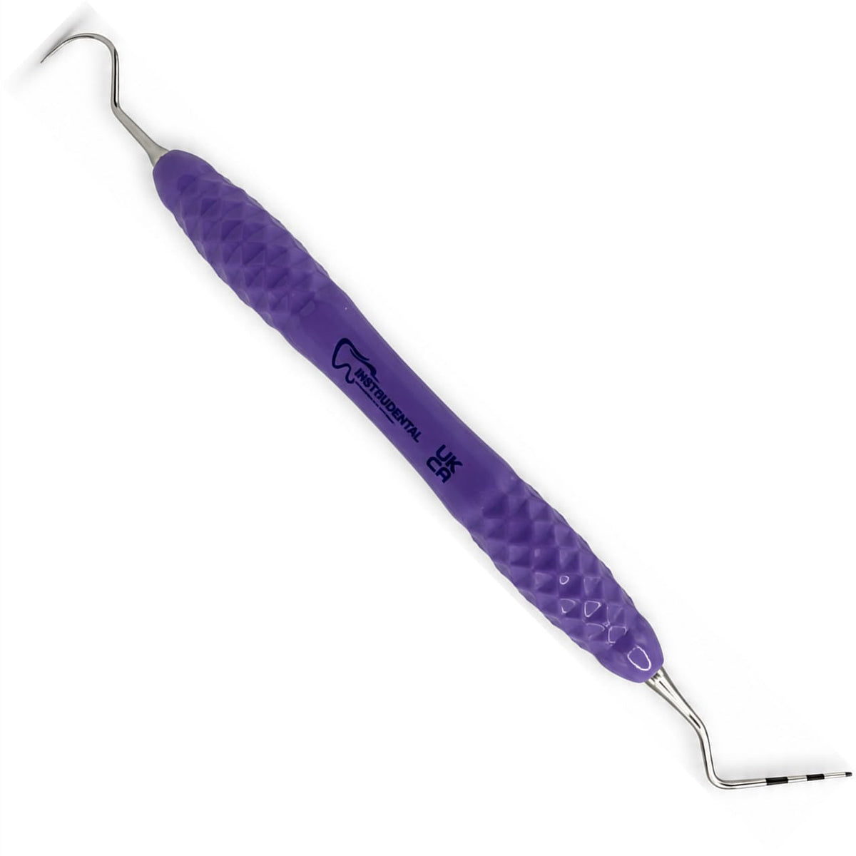 A dental hand instrument with a textured purple handle and a silver metal tip, shown diagonally on a plain white background.