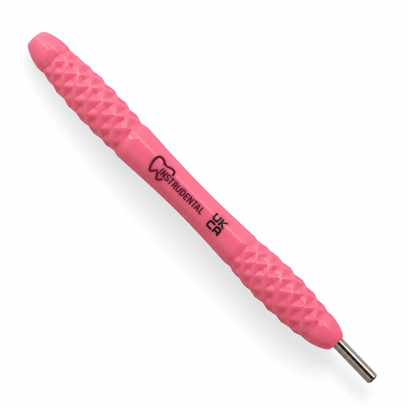 Pink silicone dental mirror handle, 12cm, with diamond-textured grip and stainless steel stem, handle only