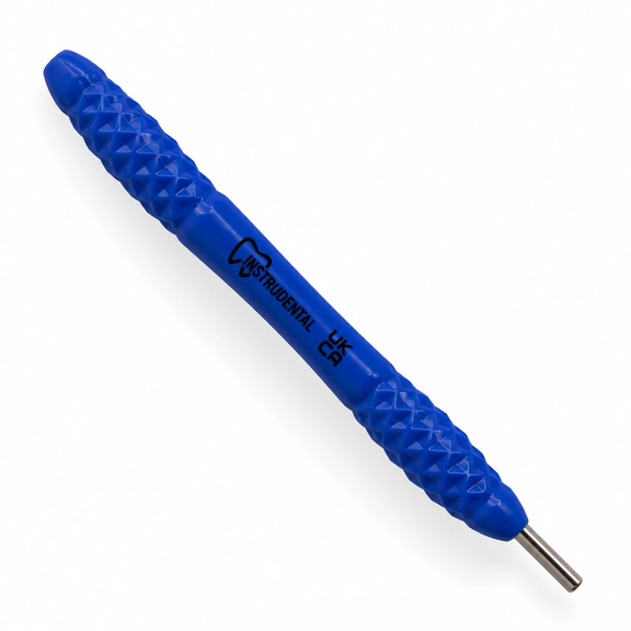Blue silicone dental mirror handle, 12cm, with diamond-textured grip and stainless steel stem, handle only