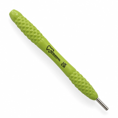 Green silicone dental mirror handle, 12cm, with diamond-textured grip and stainless steel stem, handle only