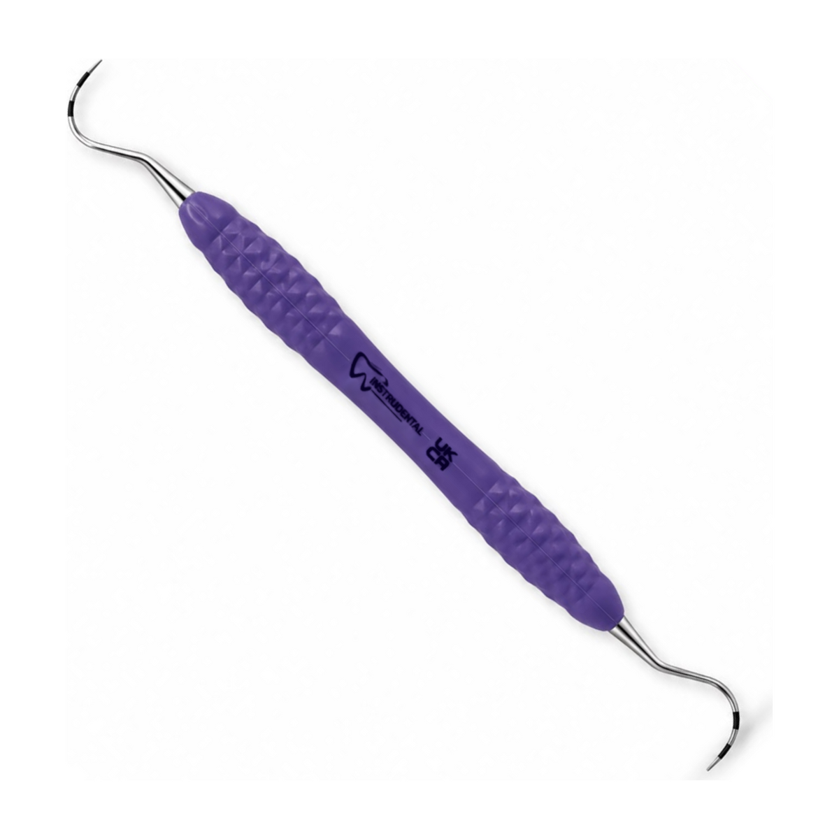 A dental hand tool with a textured purple handle and curved silver metal tips, shown diagonally on a plain white background.