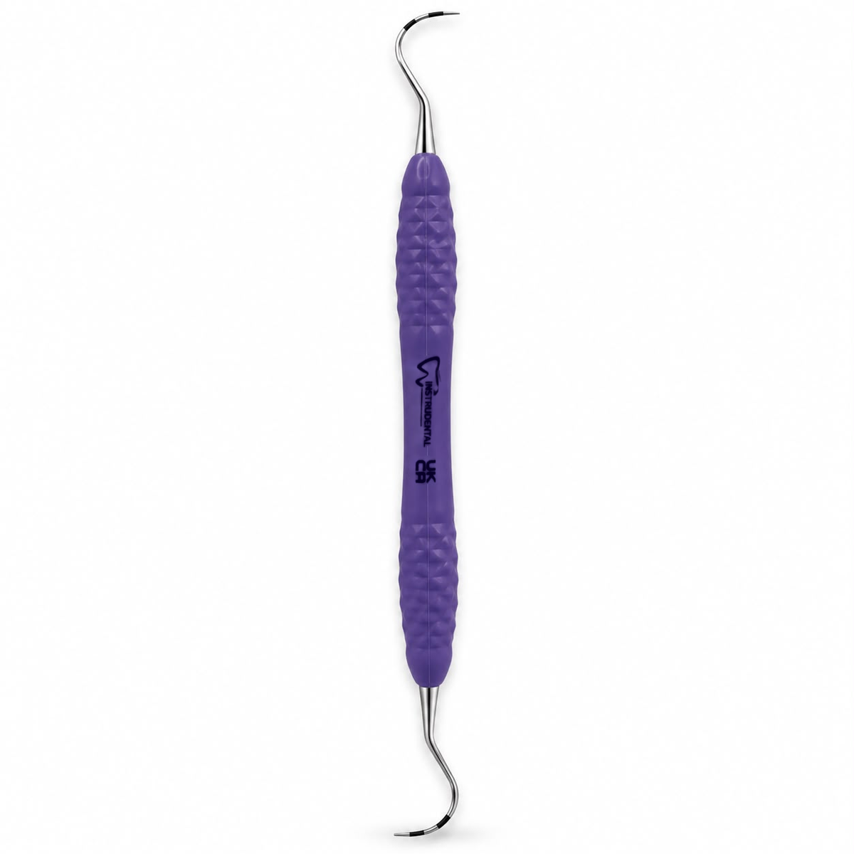 A dental pick tool with a textured purple handle and curved silver metal tips, shown vertically on a plain white background.