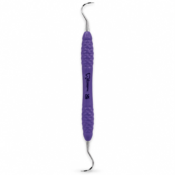 A dental pick tool with a textured purple handle and curved silver metal tips, shown vertically on a plain white background.