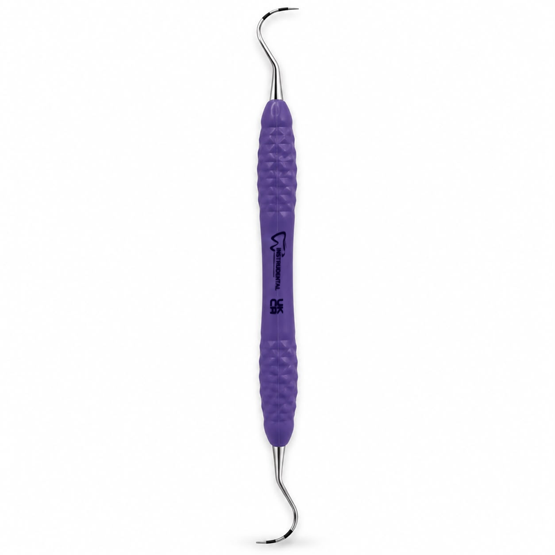 A dental pick tool with a textured purple handle and curved silver metal tips, shown vertically on a plain white background.