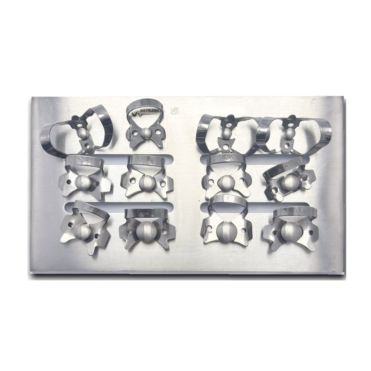 Rubber dam clamps kit of 12 stainless steel clamps mounted on a clamps tray