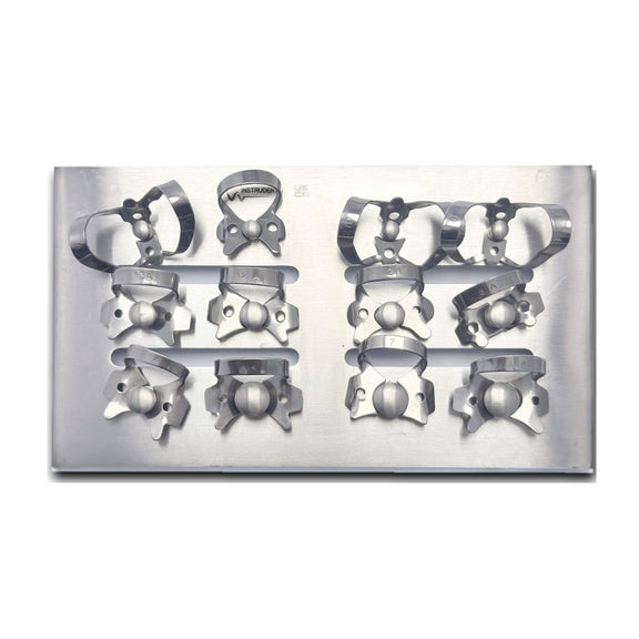 Rubber dam clamps kit of 12 stainless steel clamps mounted on a clamps tray