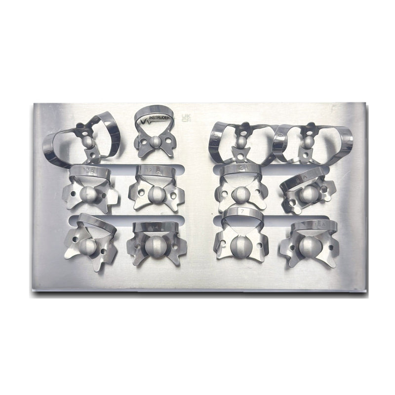 Rubber dam clamps kit of 12 stainless steel clamps mounted on a clamps tray