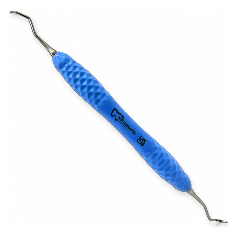 Posterior sickle scaler 204S with light blue silicone handle