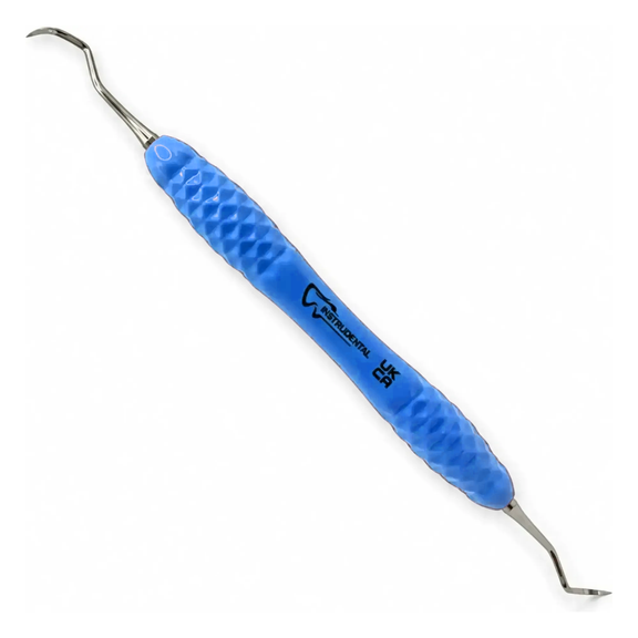 Sickle scaler 204SD distal with light blue silicone handle